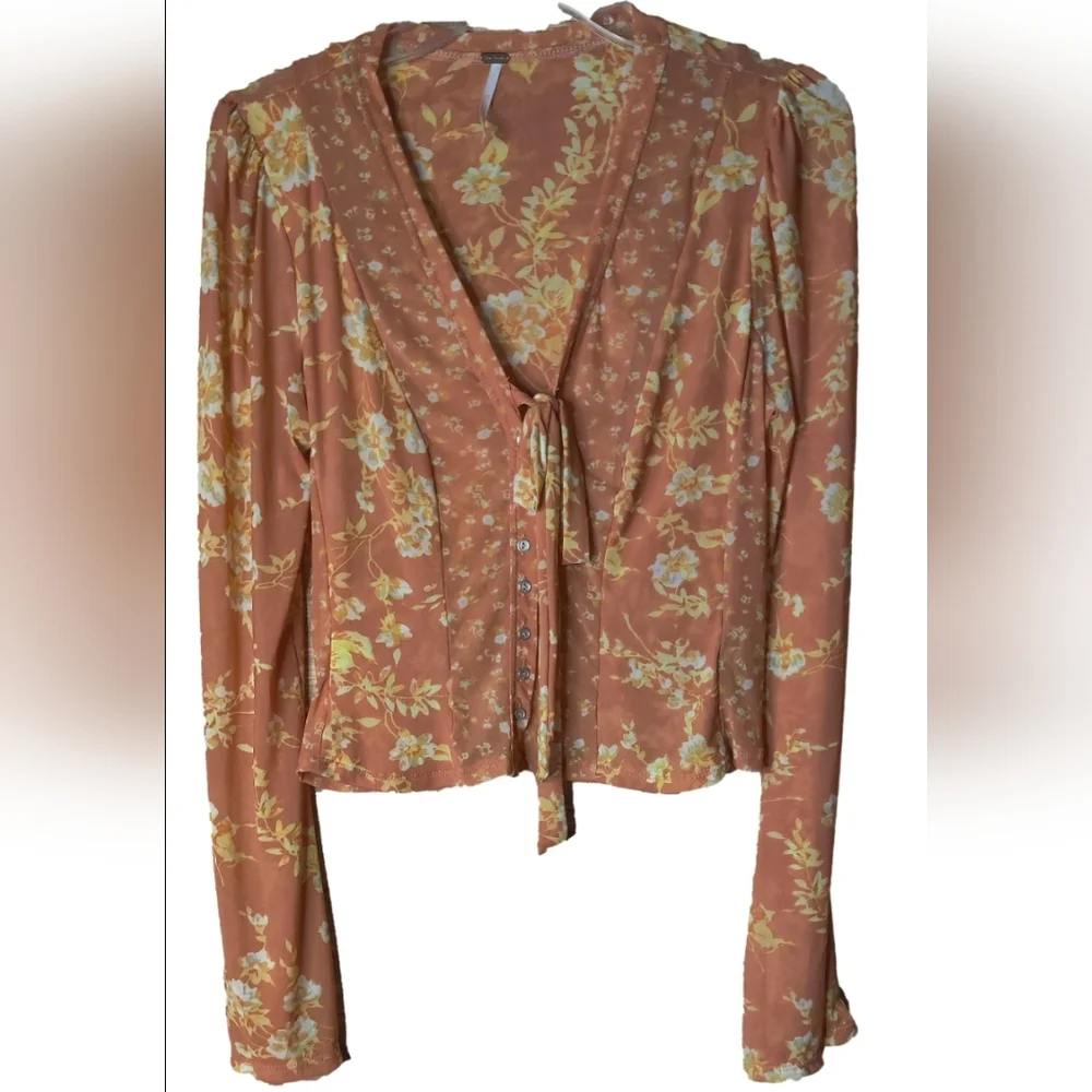 Free People Floral Tie-Front Blouse in Orange and Yellow